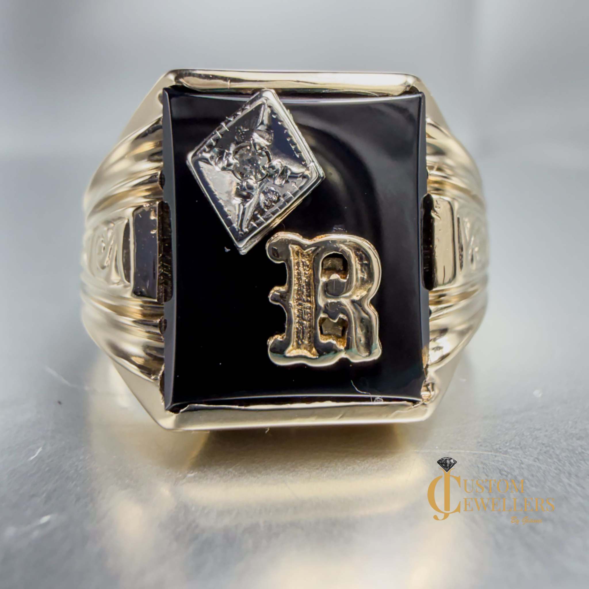 Custom Hematite 'R' Initial Gold Ring featuring single diamond