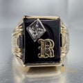 Custom Hematite 'R' Initial Gold Ring with single diamond and calligraphic design