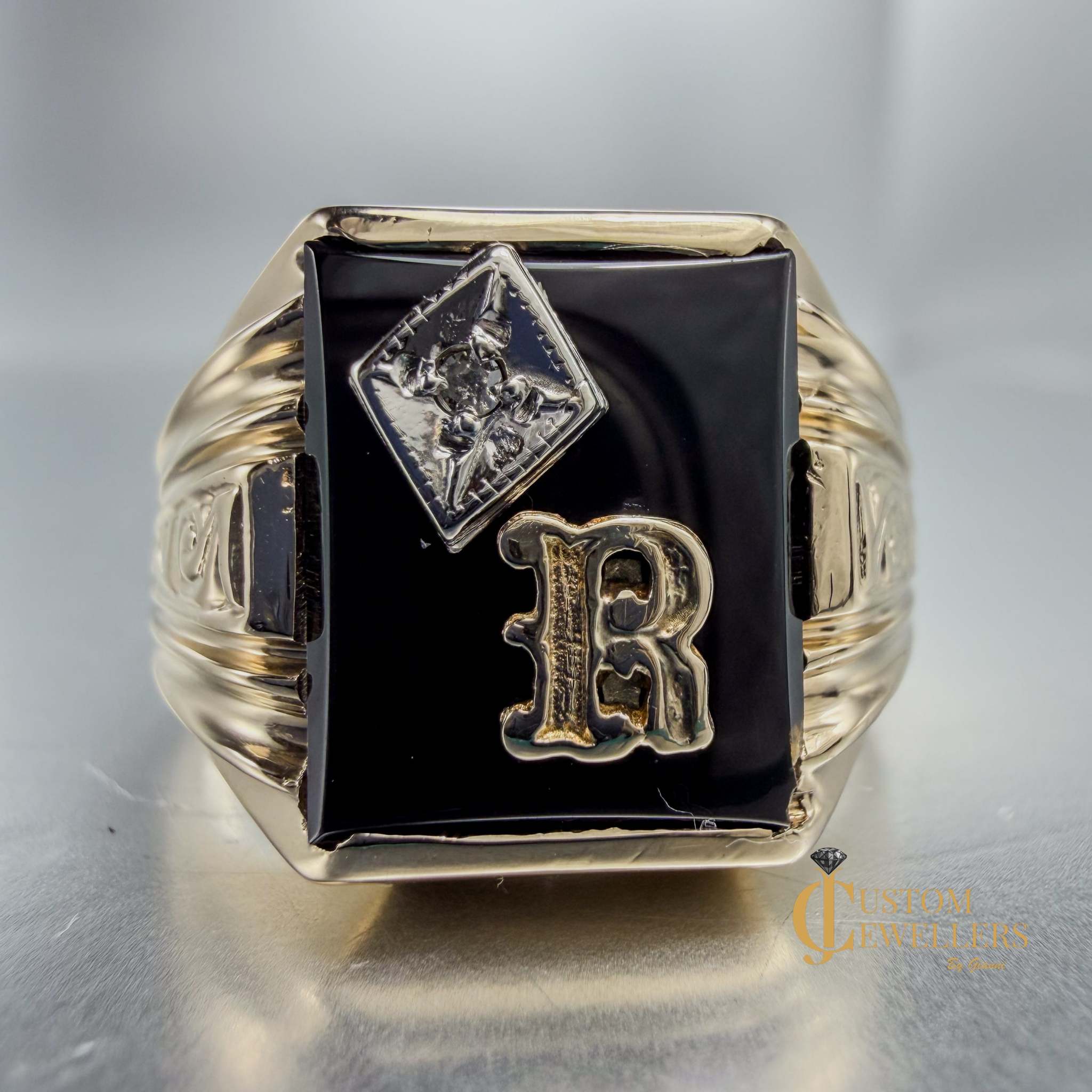 Custom Hematite 'R' Initial Gold Ring with single diamond and calligraphic design