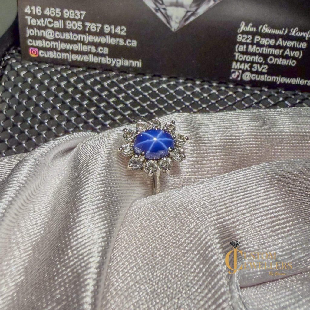 Star Sapphire in 10k White Gold Surrounded by Diamonds