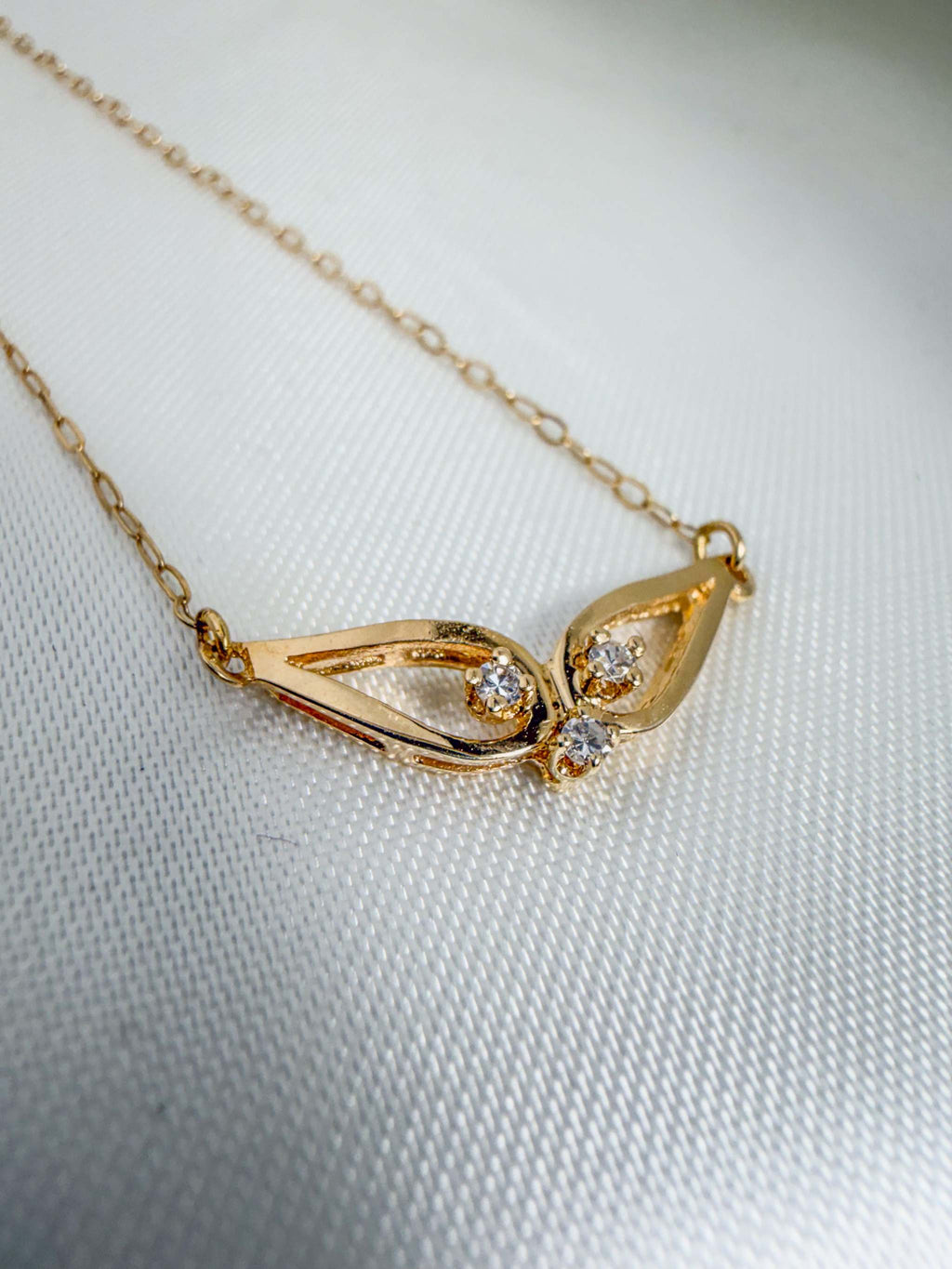 Whale Tail Triple Diamond 14k Yellow Gold Delicate Necklace