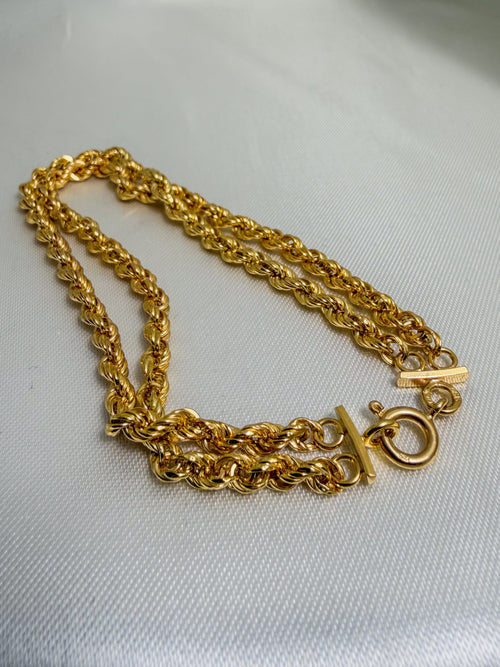 18k Double Strand Rope Chain bracelet in yellow gold with a spiral rope pattern and dual end bar clasp design