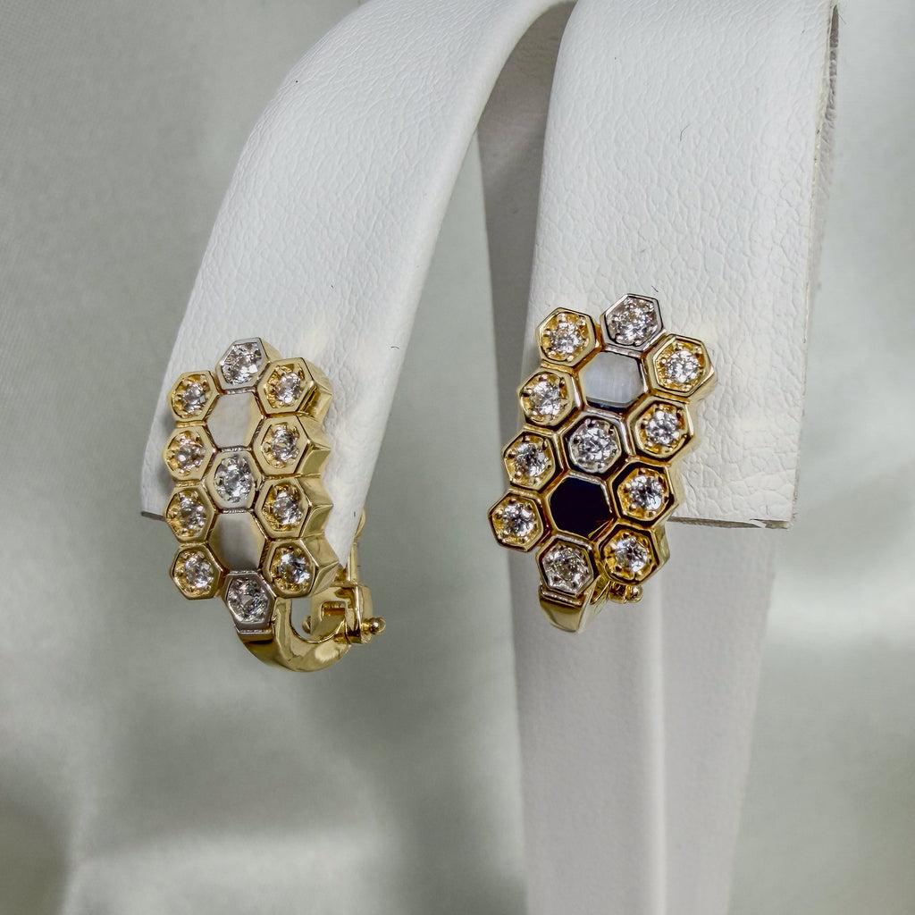 14k Gold Honeycomb Earrings with yellow and white gold hexagonal settings, sparkling stones and a hinged clasp.