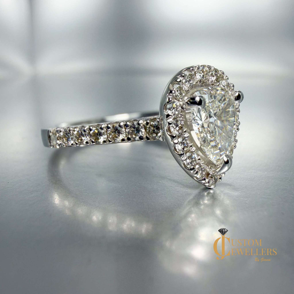 Designer Halo Pear Engagement Ring in 14k White Gold