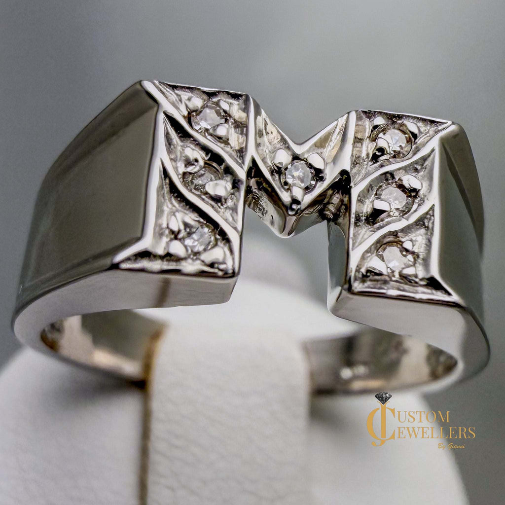 "M" Initial Ring with Seven Diamonds in 10k White Gold | Custom Jewellers by Gianni