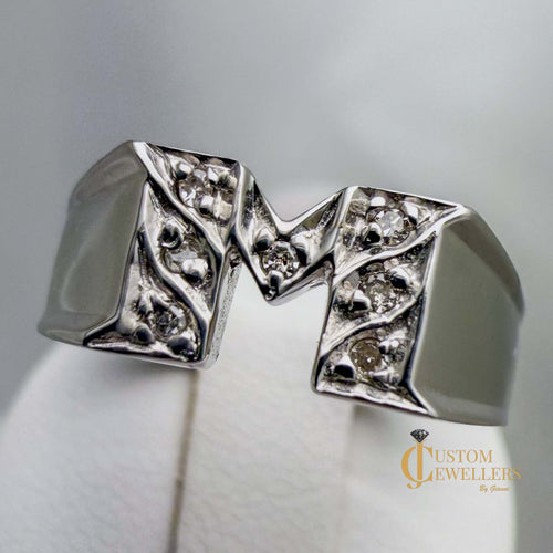 10k white gold initial ring with letter M and seven diamonds
