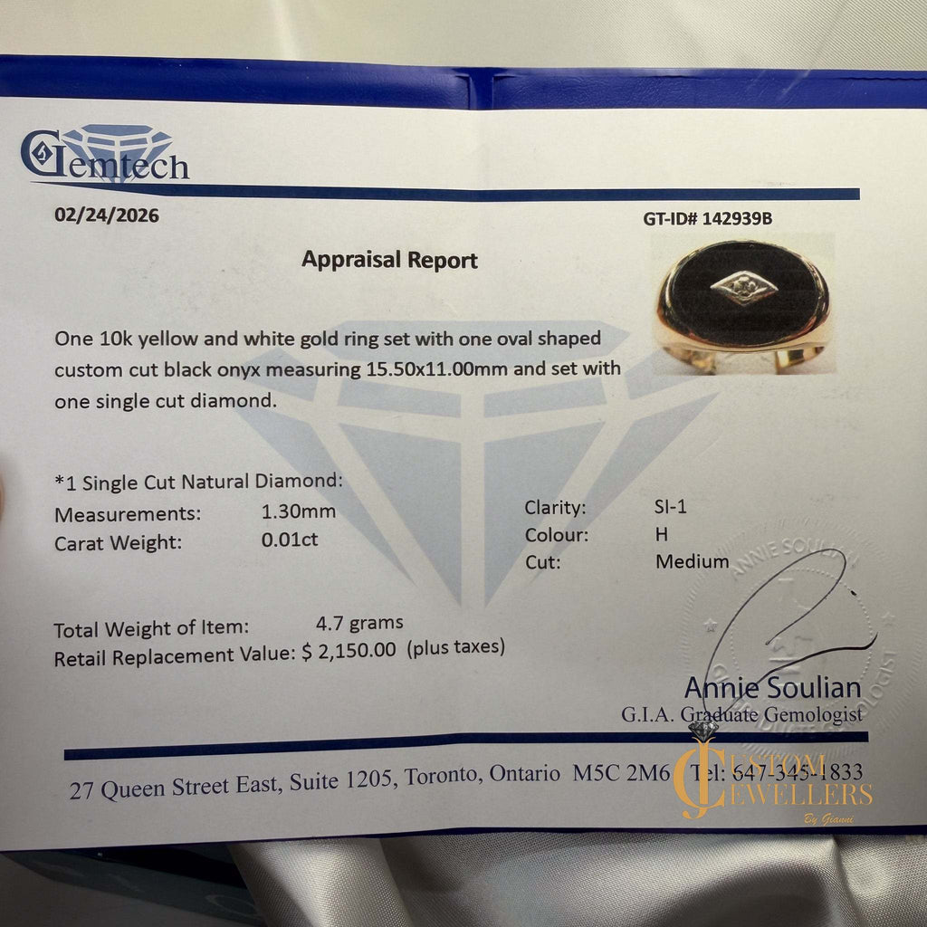 Gemtech appraisal report for a gold ring with onyx and diamond