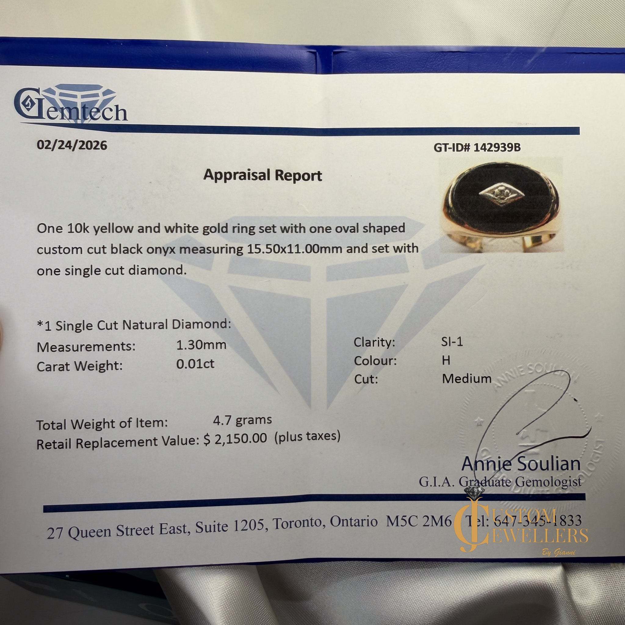 Gemtech appraisal report for a gold ring with onyx and diamond