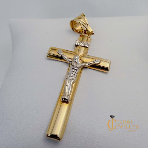 10k gold INRI Jesus crucifix pendant necklace in two-tone polished yellow and white gold