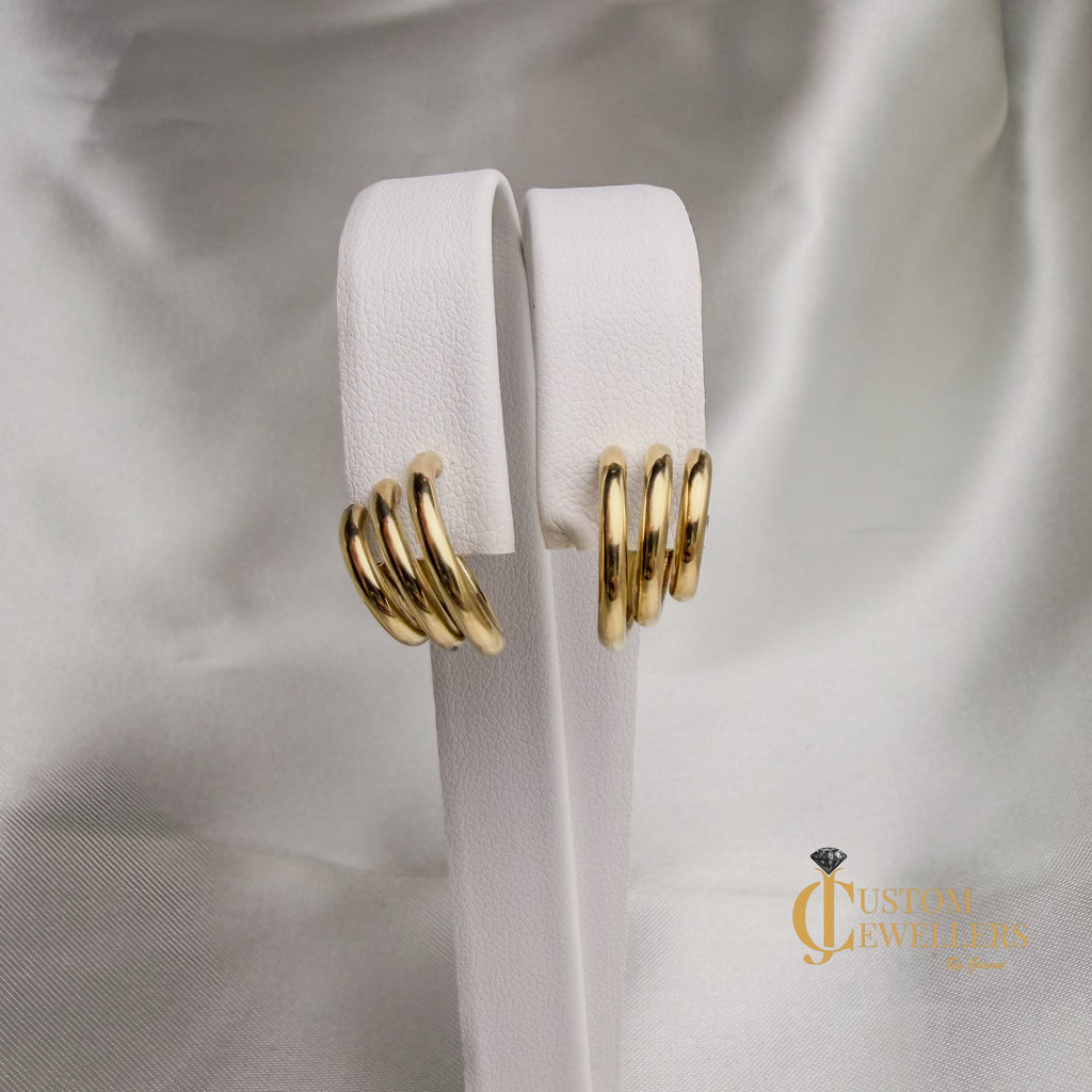 Graduated 18k triple row layered hoop huggies earrings for women in polished gold