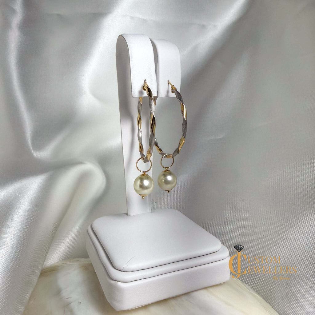 Two-tone two-textured twist hoop earrings with removable synthetic pearls and 10k gold snap-bar closures