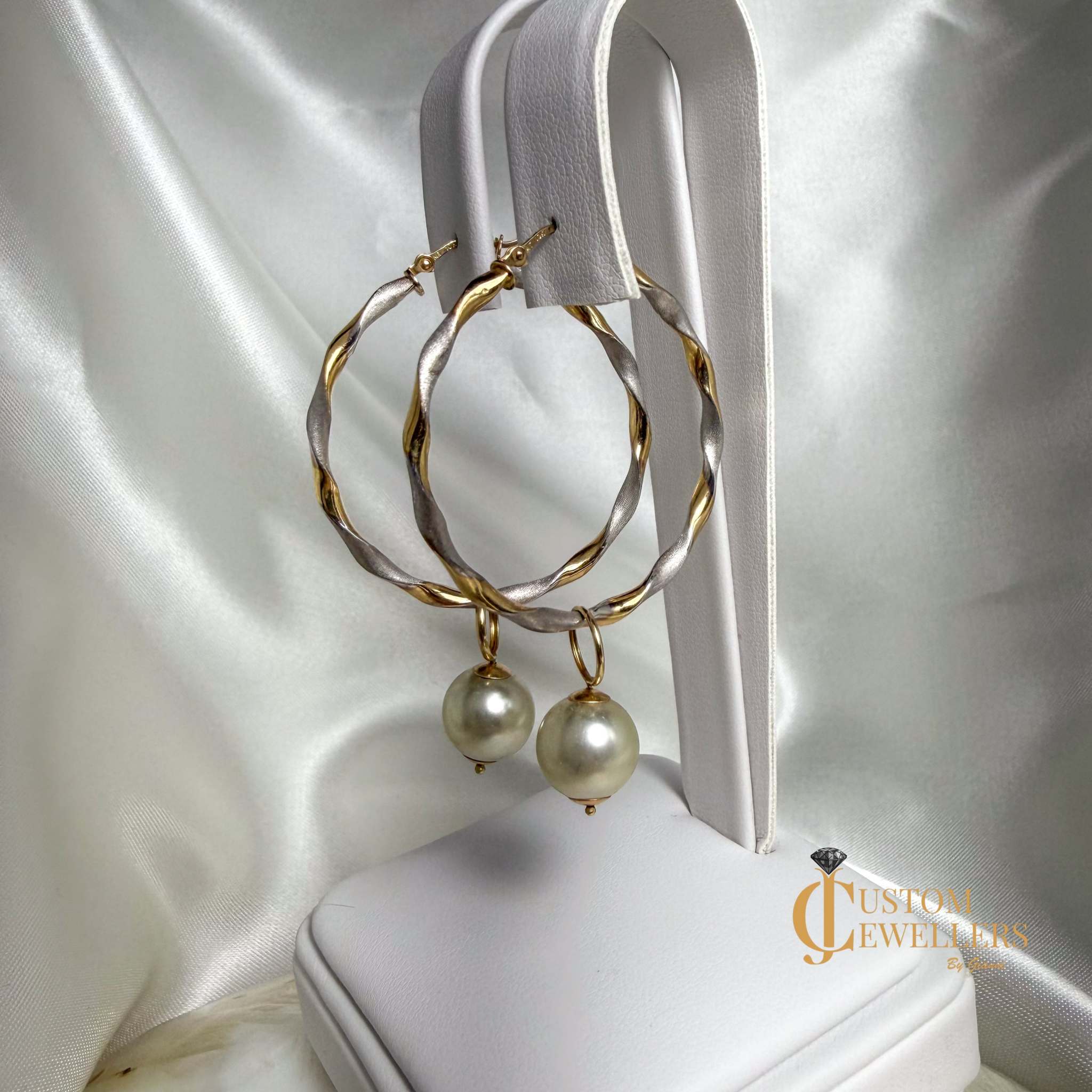 Two-Tone Two-Textured Twist Hoop Pearl Earrings