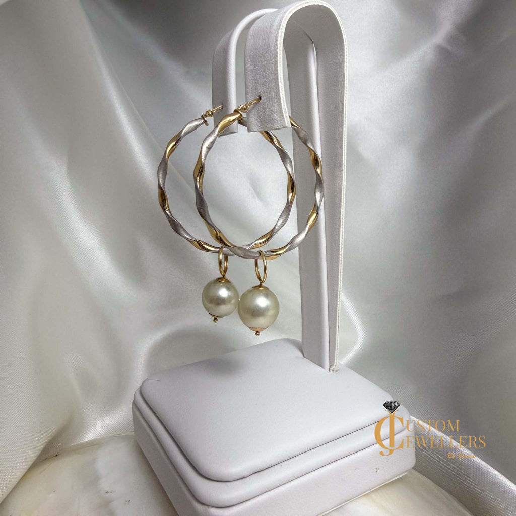 Two-Tone Two-Textured Twist Hoop Pearl Earrings