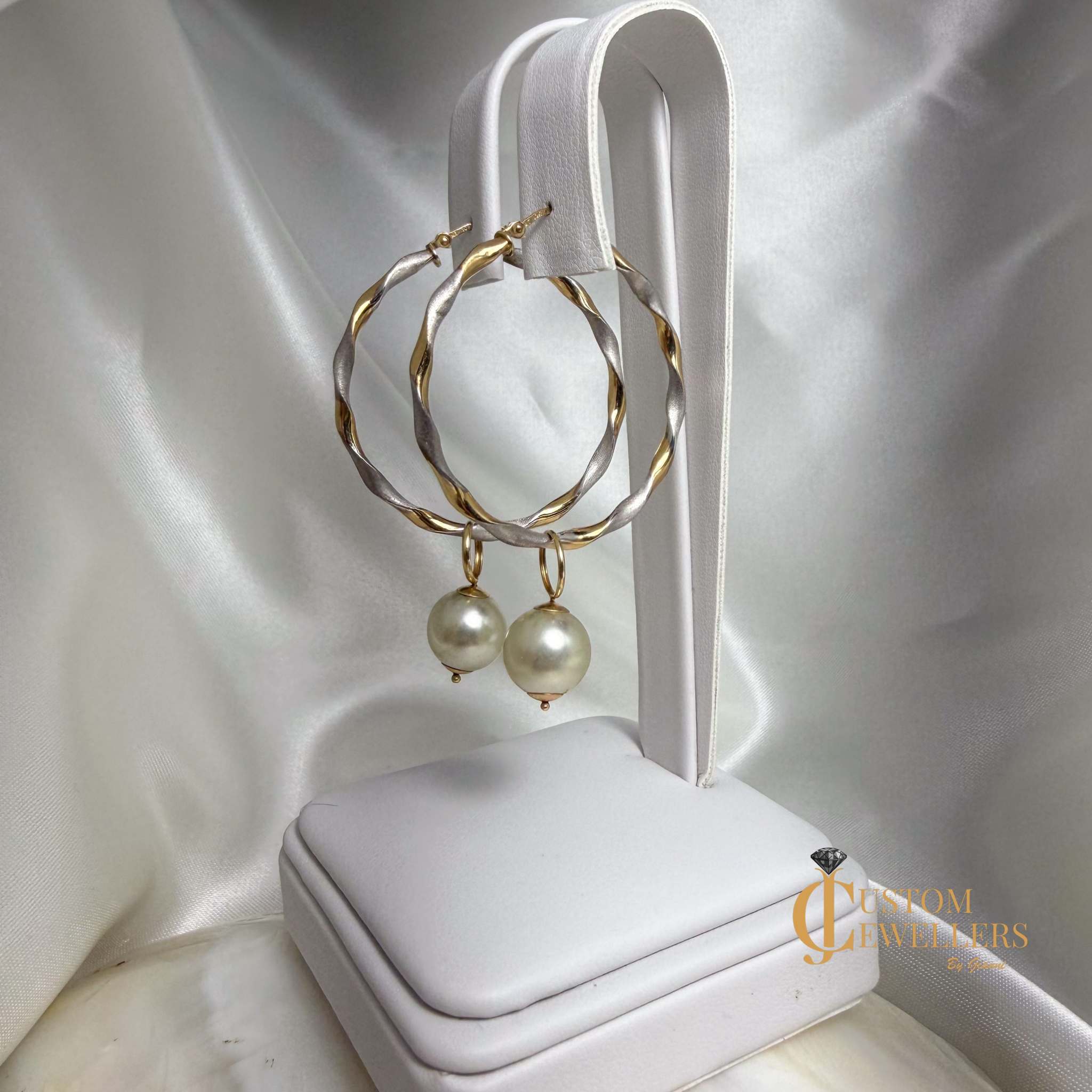 Two-Tone Two-Textured Twist Hoop Pearl Earrings