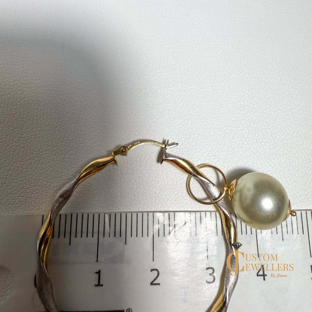 Two-Tone Two-Textured Twist Hoop Pearl Earrings