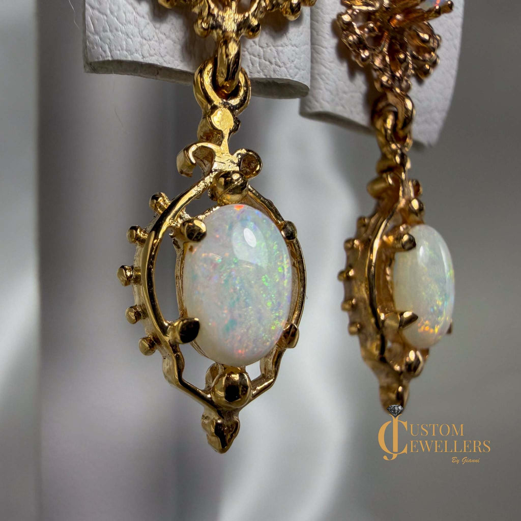 Natural Opal Floral Filigree Earrings in 14kt Yellow Gold