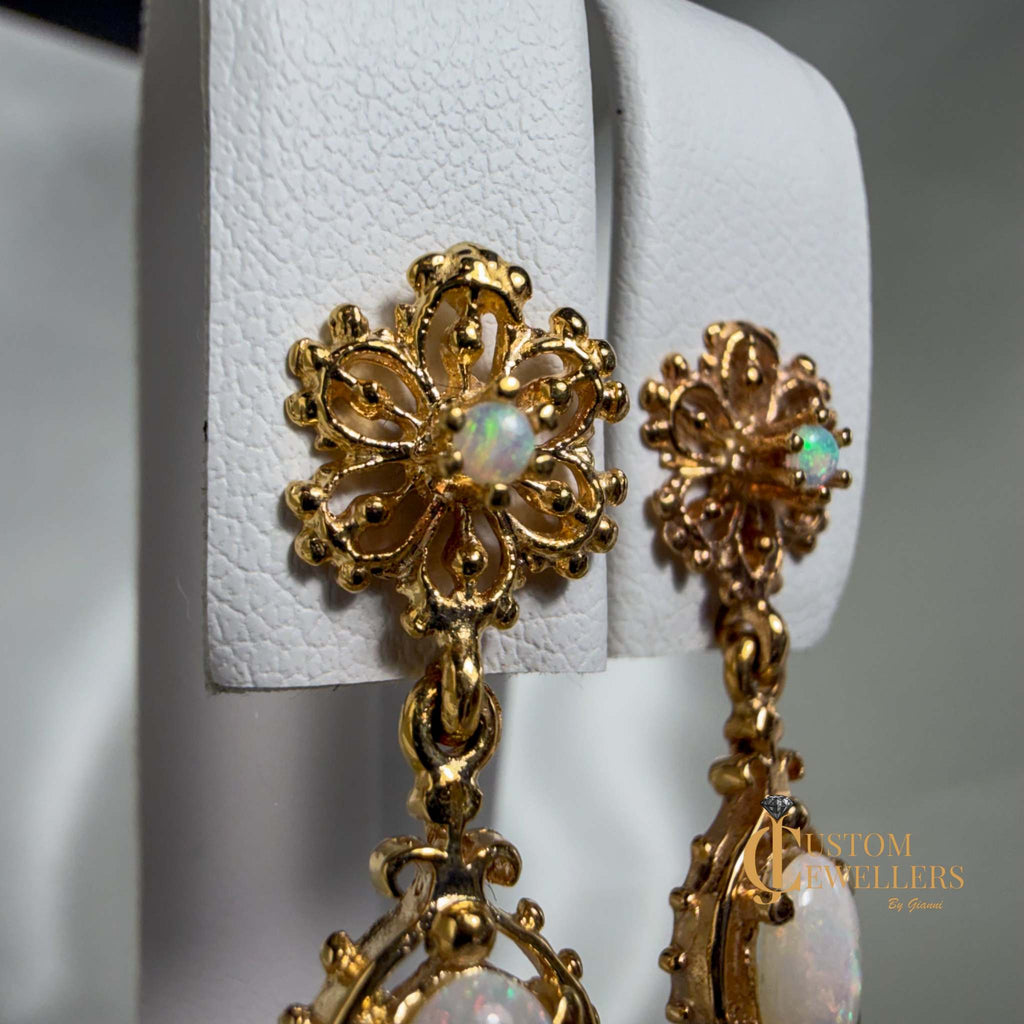 Natural Opal Floral Filigree Earrings in 14kt Yellow Gold