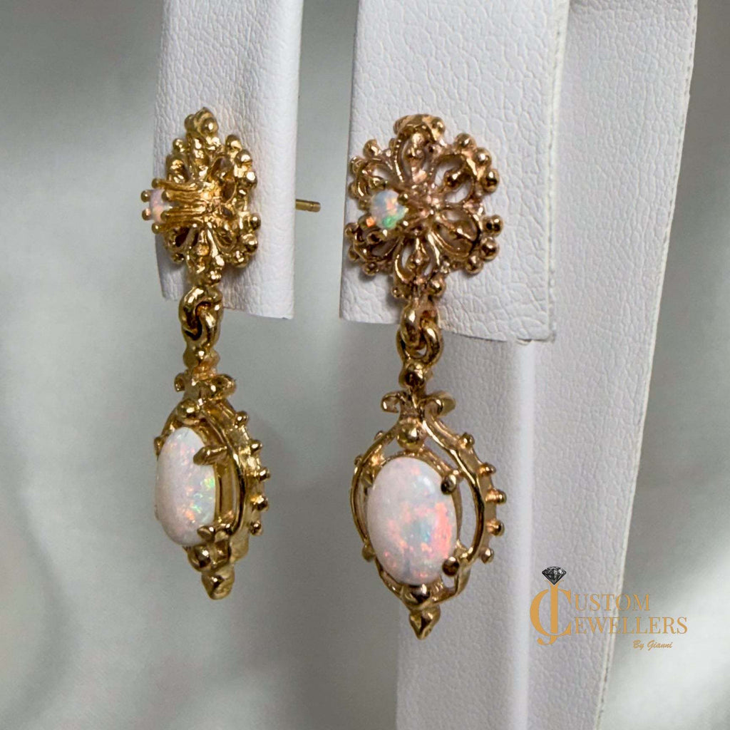 Natural Opal Floral Filigree Earrings in 14kt Yellow Gold