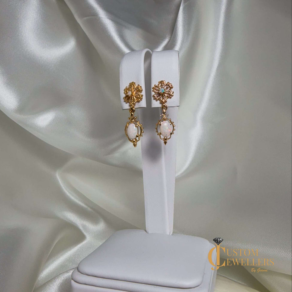 Natural Opal Floral Filigree Earrings in 14kt Yellow Gold