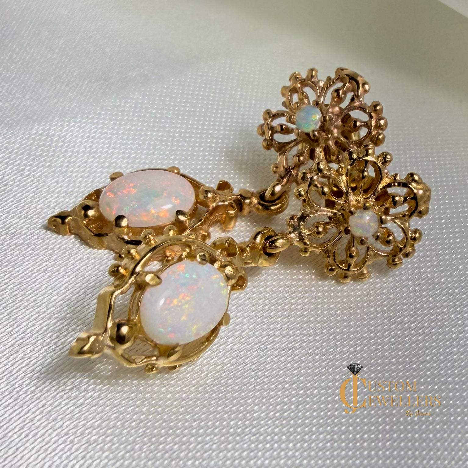 Natural Opal Floral Filigree Earrings in 14kt Yellow Gold