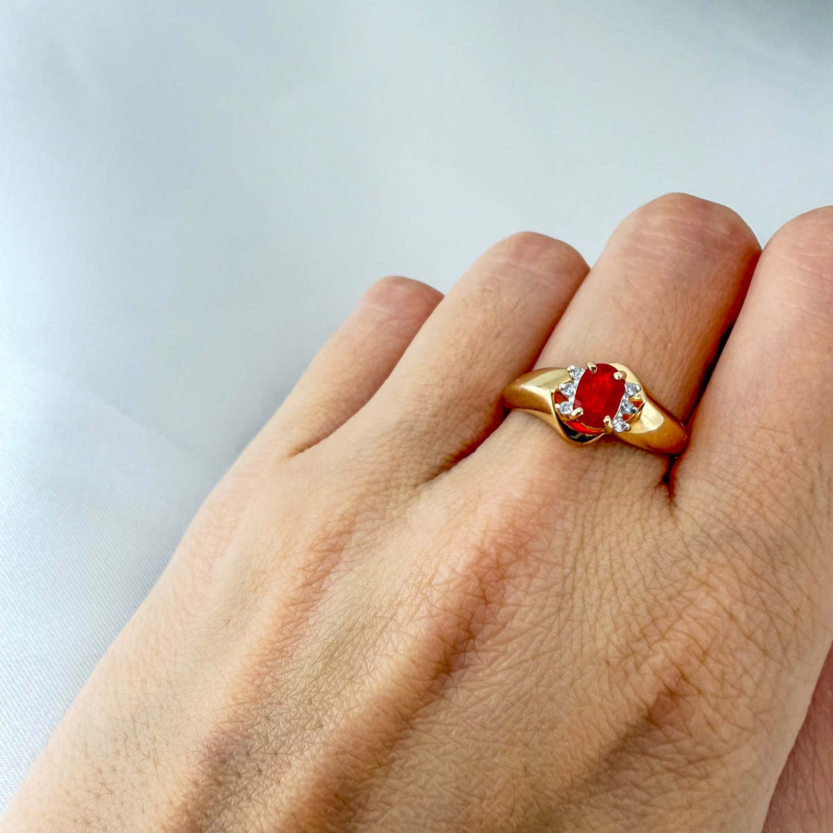 Fire Opal and Natural Diamonds in 14k Yellow Gold Ring