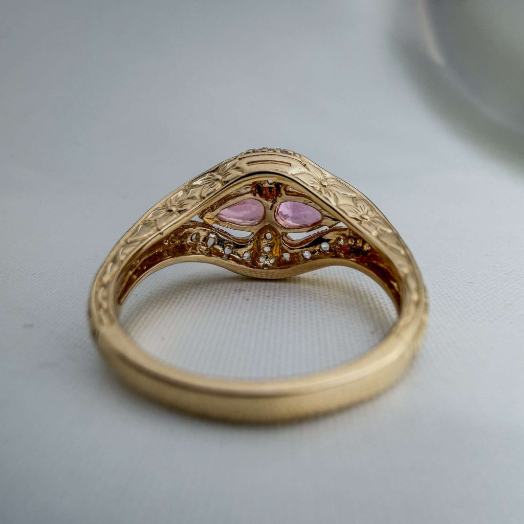 Extremely Rare Padparadscha Sapphires and White Sapphires in an Ornate Hand-Engraved Gold Ring
