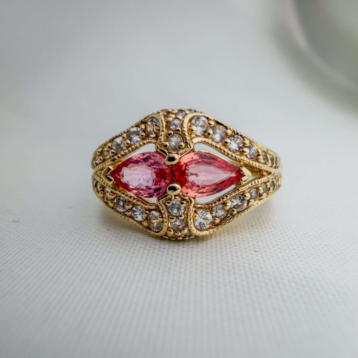 Extremely Rare Padparadscha Sapphires and White Sapphires in an Ornate Hand-Engraved Gold Ring