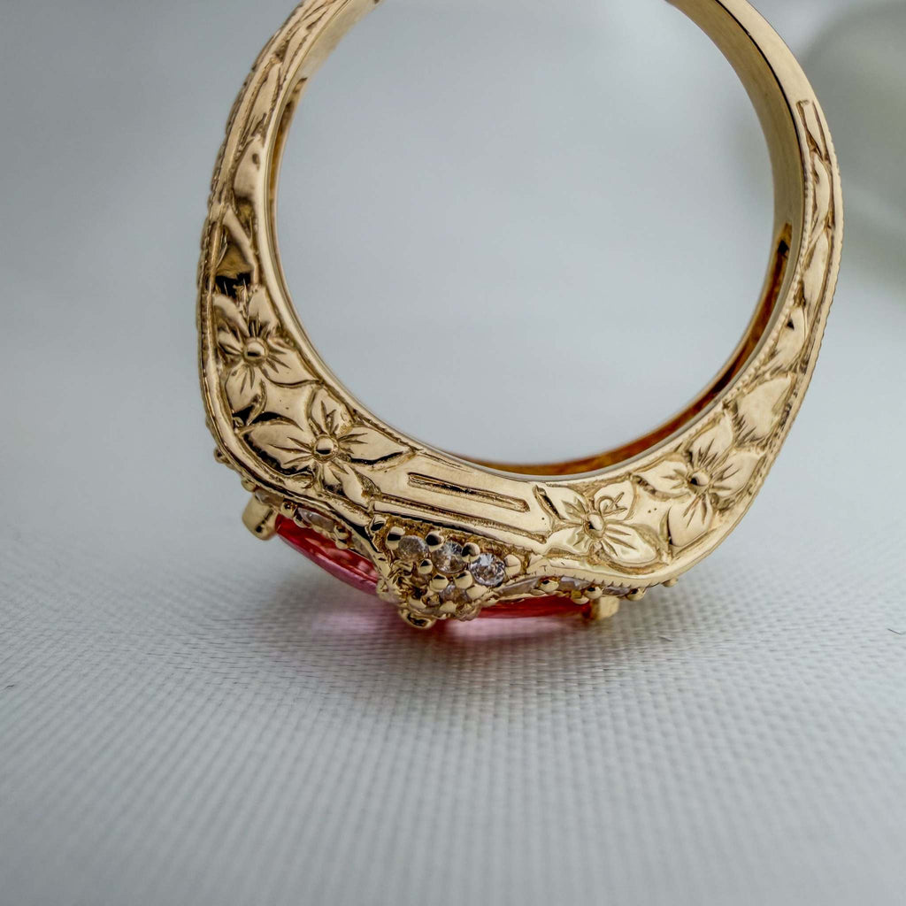 Extremely Rare Padparadscha Sapphires and White Sapphires in an Ornate Hand-Engraved Gold Ring