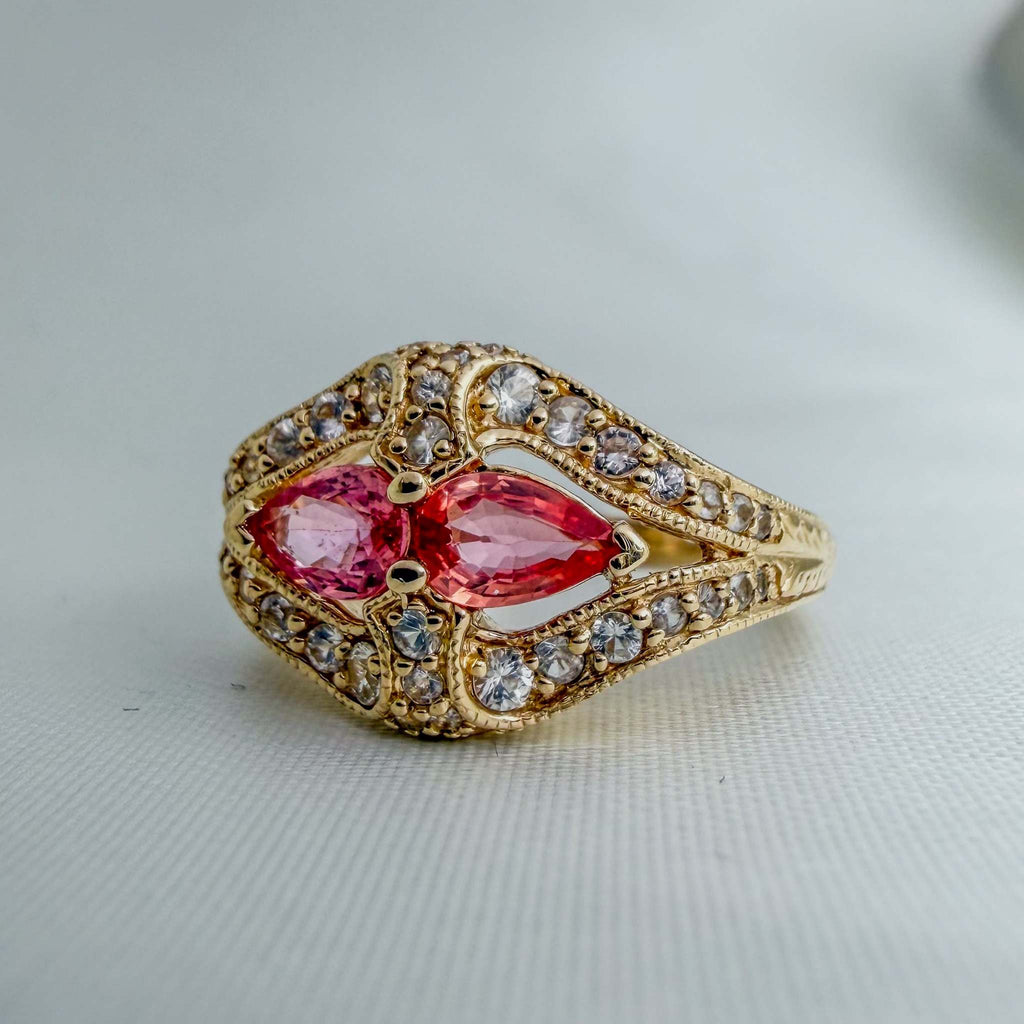 Extremely Rare Padparadscha Sapphires and White Sapphires in an Ornate Hand-Engraved Gold Ring