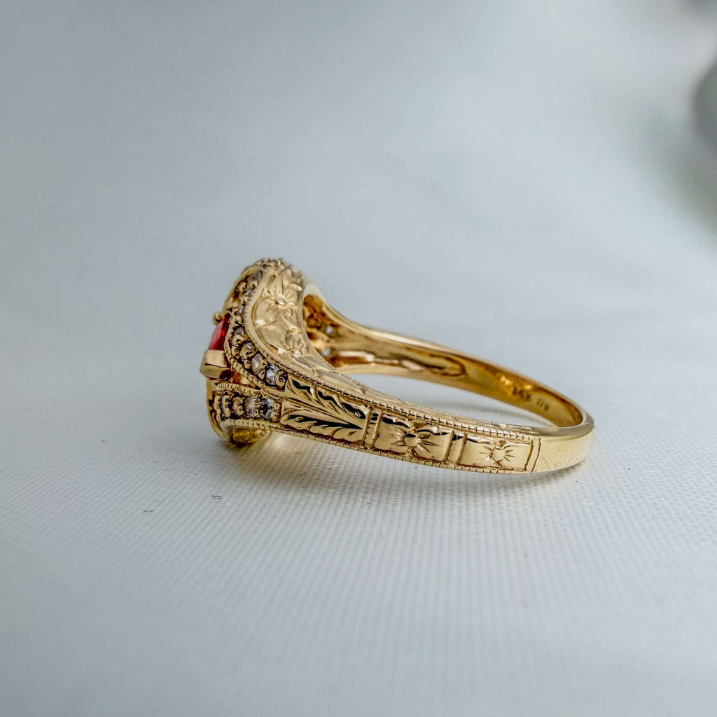 Extremely Rare Padparadscha Sapphires and White Sapphires in an Ornate Hand-Engraved Gold Ring