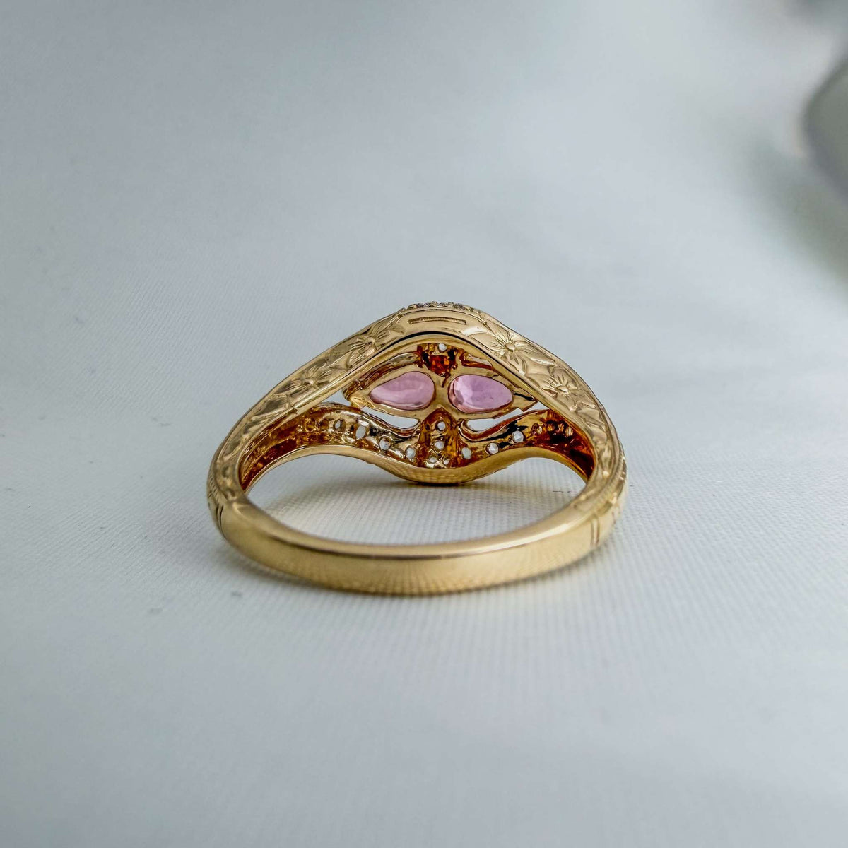 Extremely Rare Padparadscha Sapphires and White Sapphires in an Ornate Hand-Engraved Gold Ring