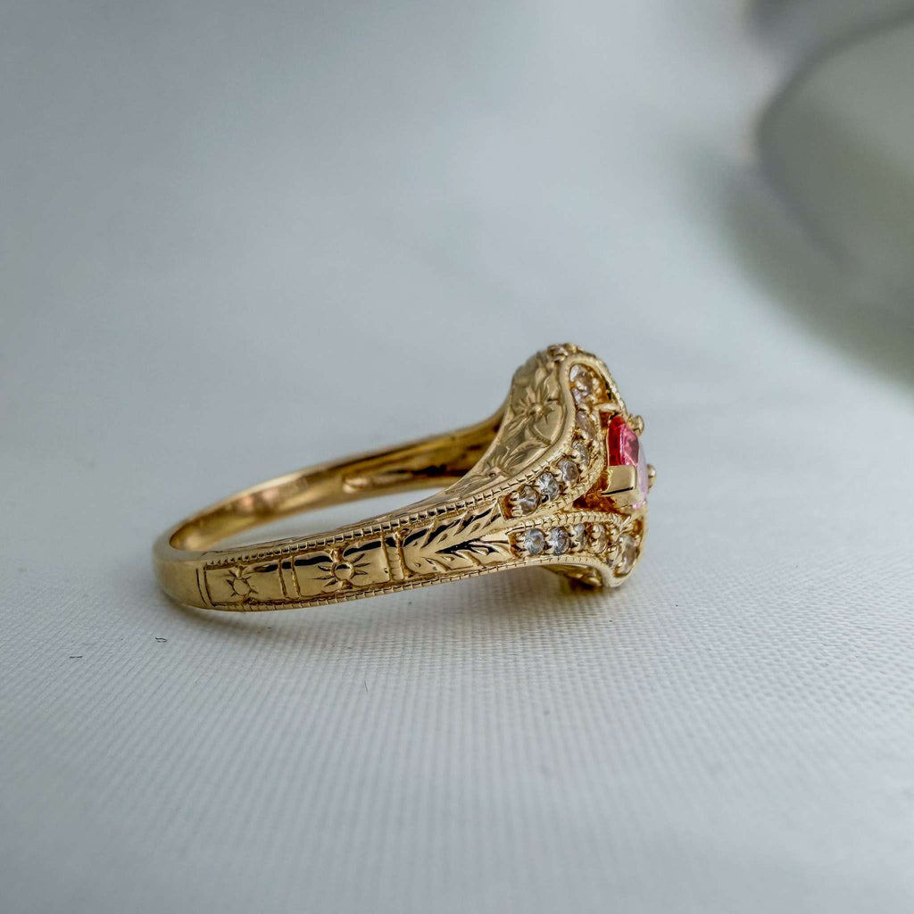 Extremely Rare Padparadscha Sapphires and White Sapphires in an Ornate Hand-Engraved Gold Ring
