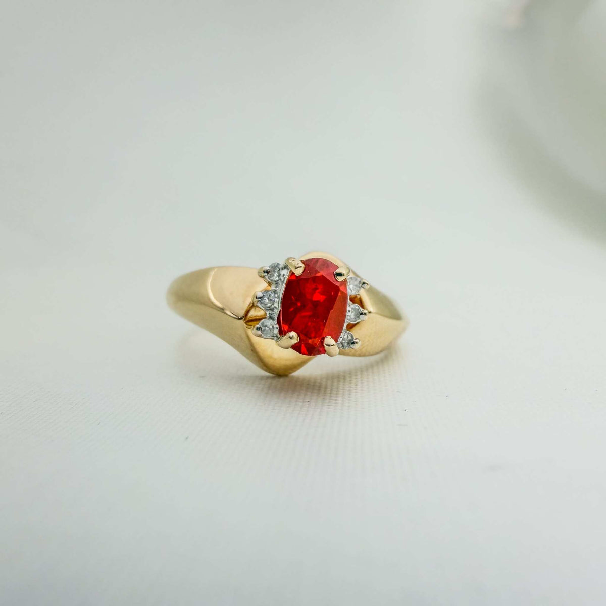 Fire Opal and Natural Diamonds in 14k Yellow Gold Ring