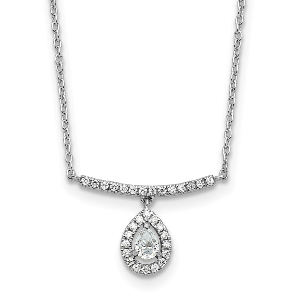 Collier en or blanc 14 carats poli, orné d’un diamant sur barre et d’une poire pendante