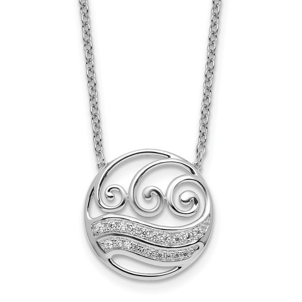 14k White Gold Polished Diamond Circle with Waves Necklace