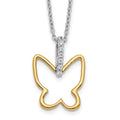 Butterfly pendant necklace with a gold outline and silver-tone diamond-set center; 14k Two-tone Diamond Butterfly design.