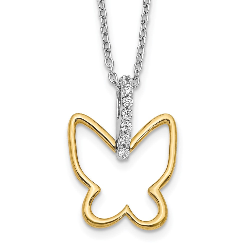 Butterfly pendant necklace with a gold outline and silver-tone diamond-set center; 14k Two-tone Diamond Butterfly design.