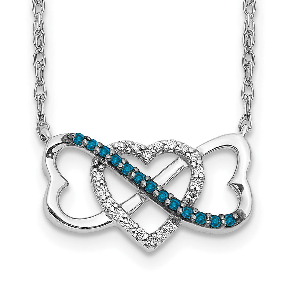 Collier 17 po en or blanc 14 carats avec triple cœur en diamants bleus et blancs