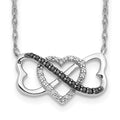 Collier de 17 pouces en or blanc 14 carats avec trois cœurs en diamants noirs et blancs