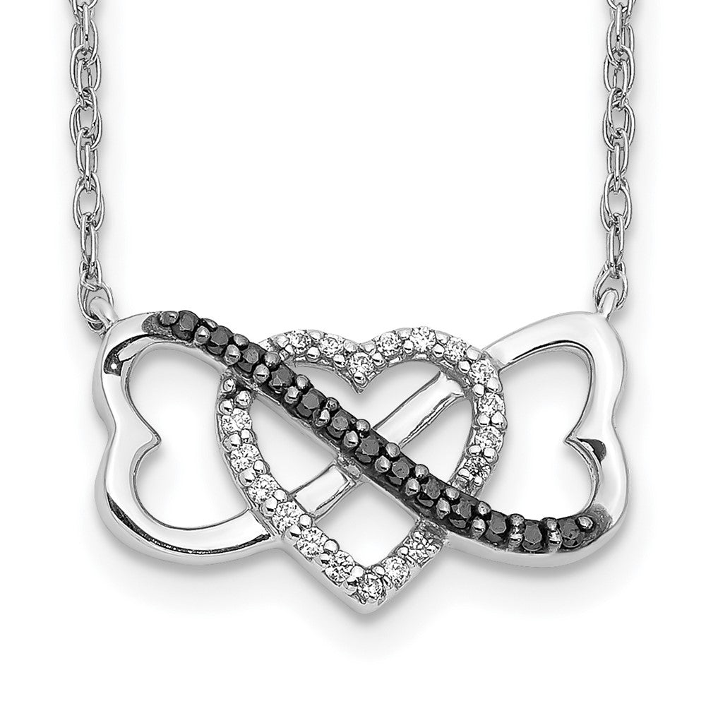 Collier de 17 pouces en or blanc 14 carats avec trois cœurs en diamants noirs et blancs