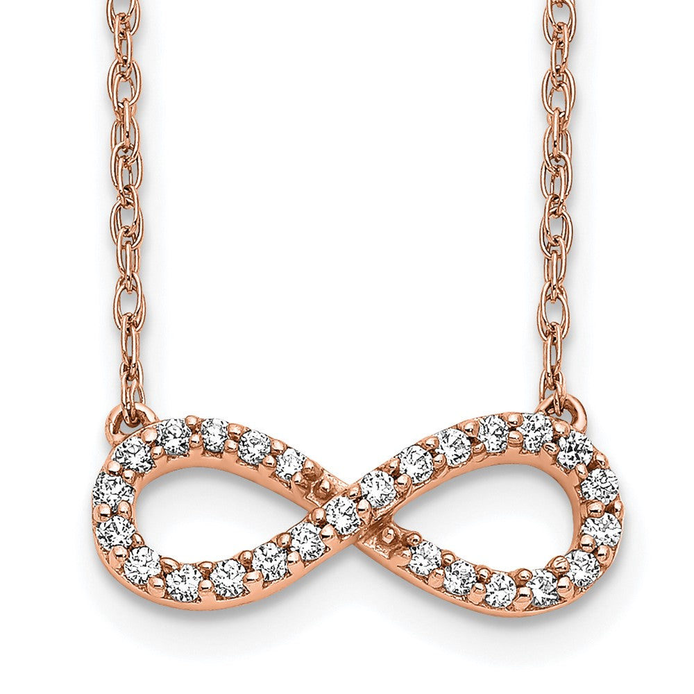 Collier symbole de l’infini en or rose 14 carats poli, serti de diamants, 46 cm
