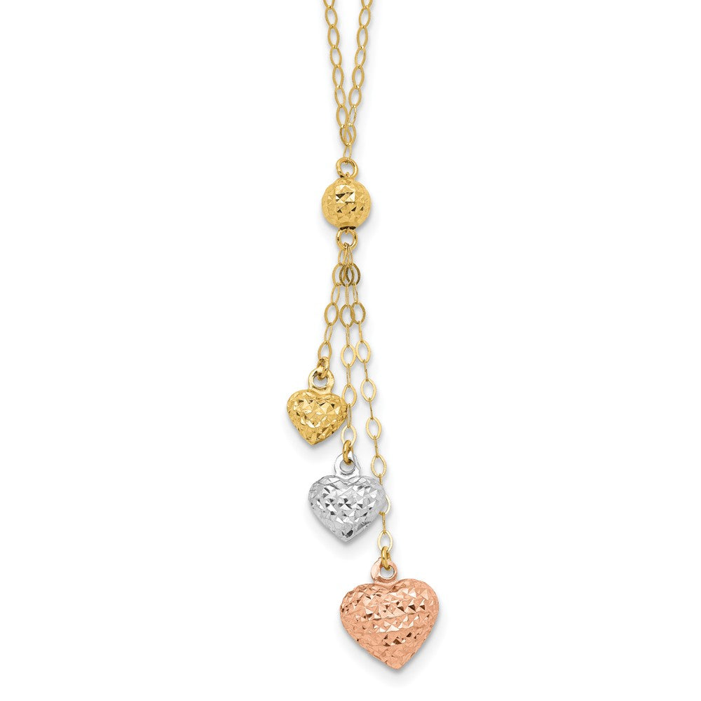 Collier lariat cœur bouffant tricolore en or 14 carats, avec rallonge de 2 pouces