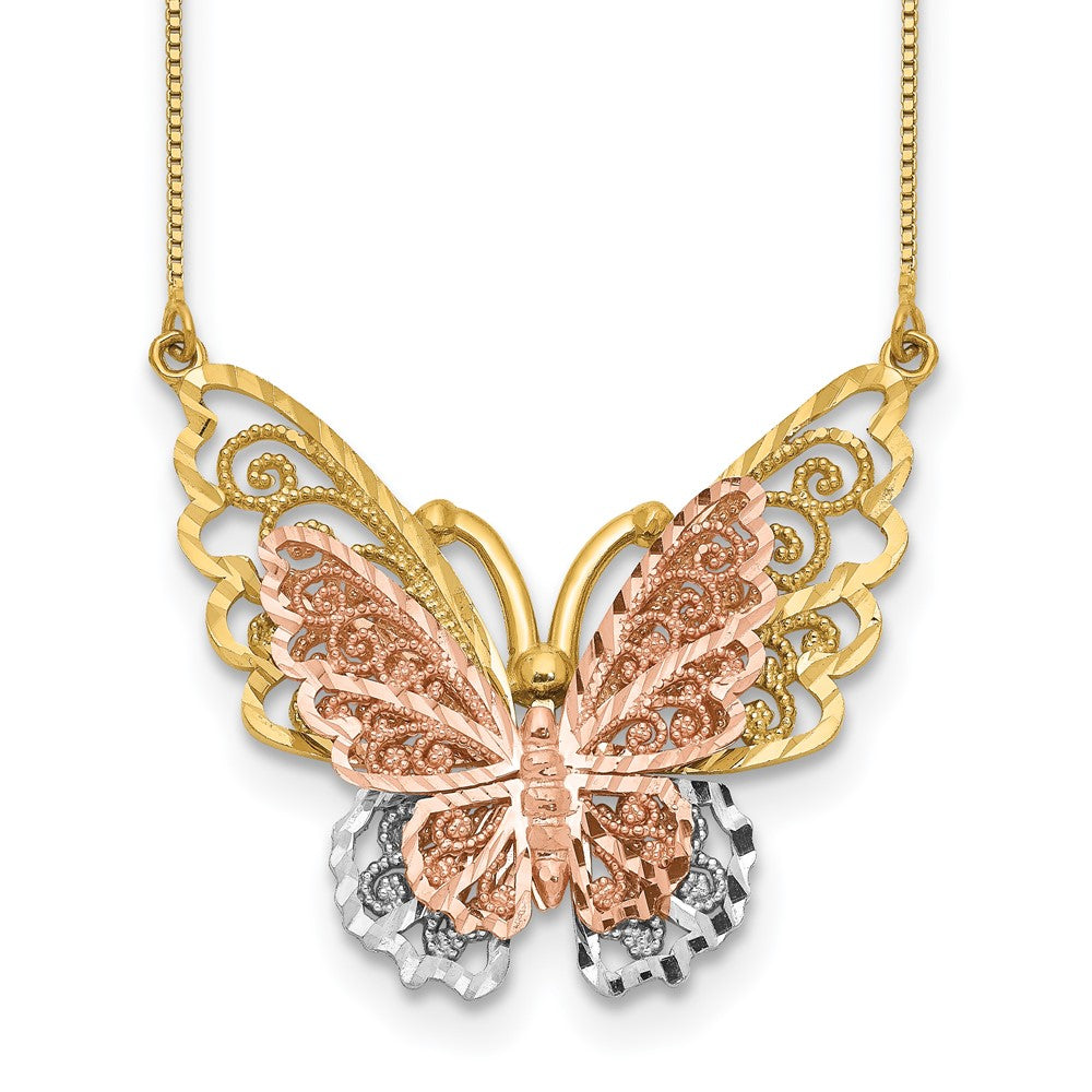 Collier papillon en or jaune et rose 14 carats avec rhodium