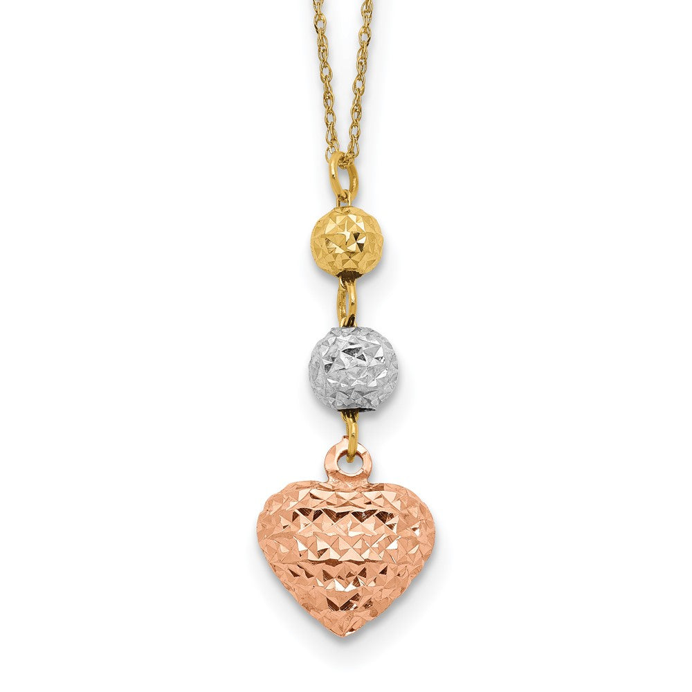 14k Tri-color Ropa Diamond-cut Beads and Heart Necklace, with 2 in Extender
