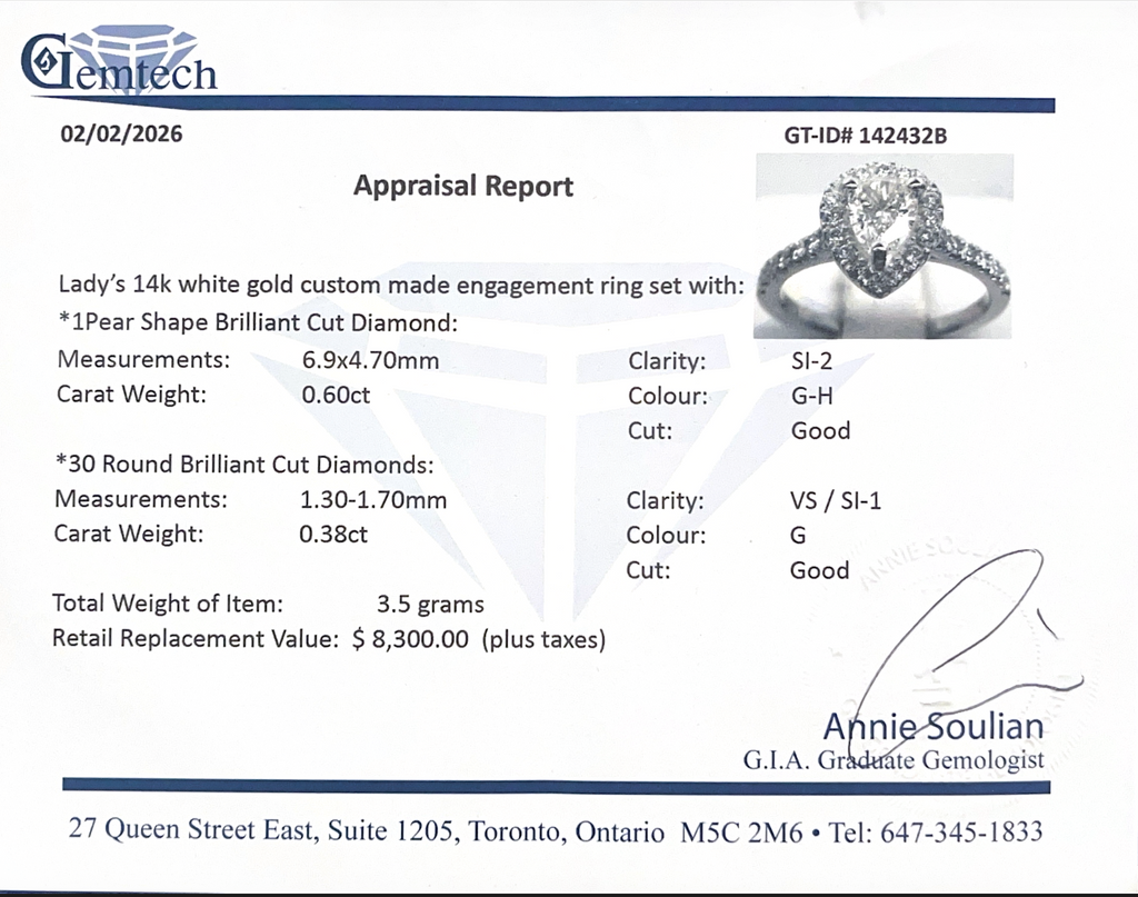 Jewelry appraisal report with a diamond ring image and details.