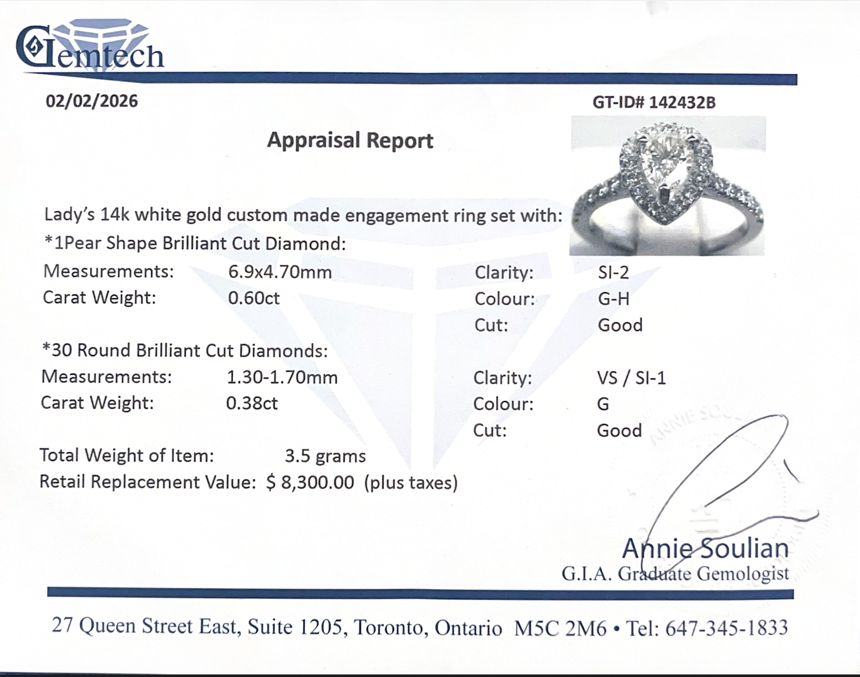 Jewelry appraisal report with a diamond ring image and details.