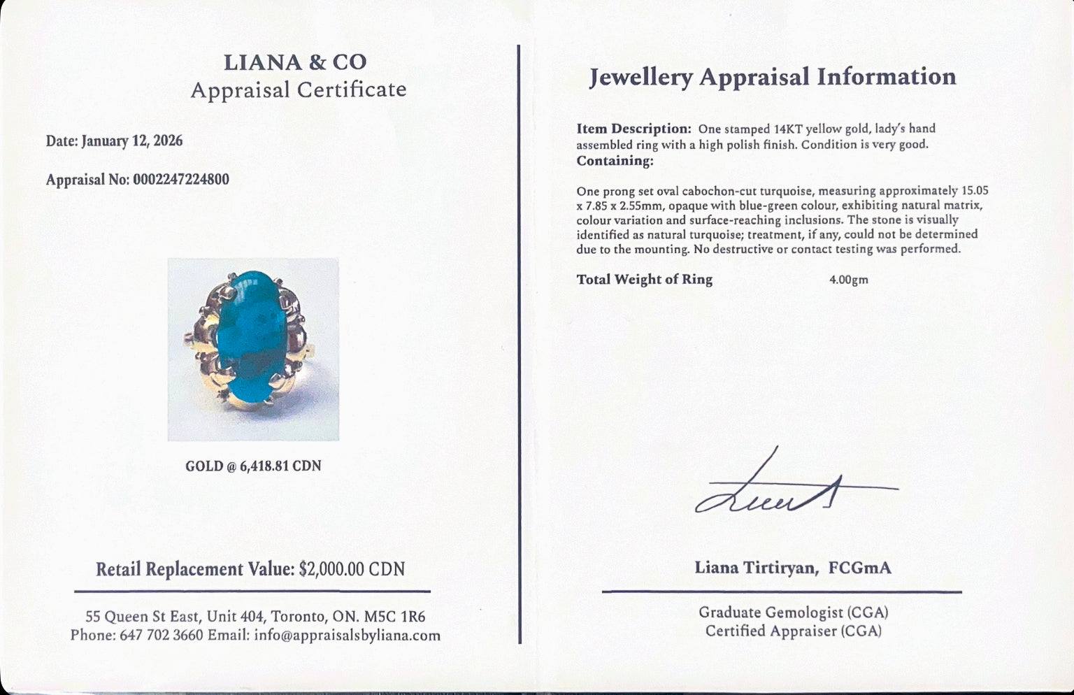 Jewellery appraisal certificate with a blue gemstone ring image on a white background