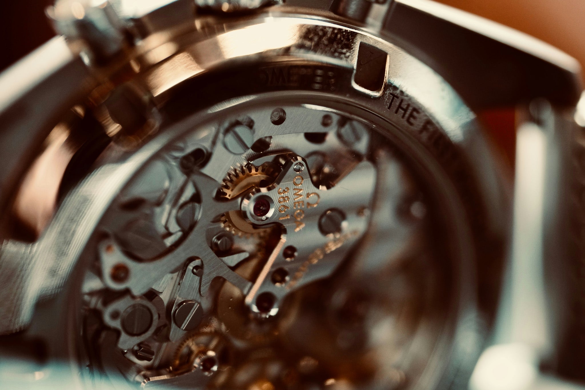 Close-up of an Omega watch mechanism 
