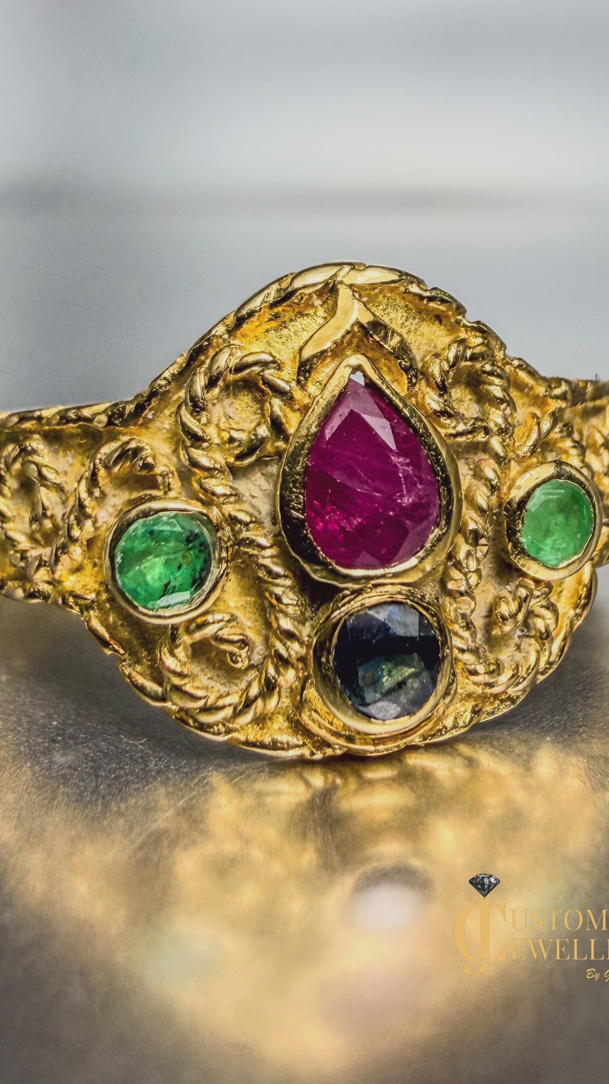 18k Yellow Gold Handmade One of a Kind Artisanal Vintage-Style Ring with Natural Ruby, Sapphire, and Emeralds