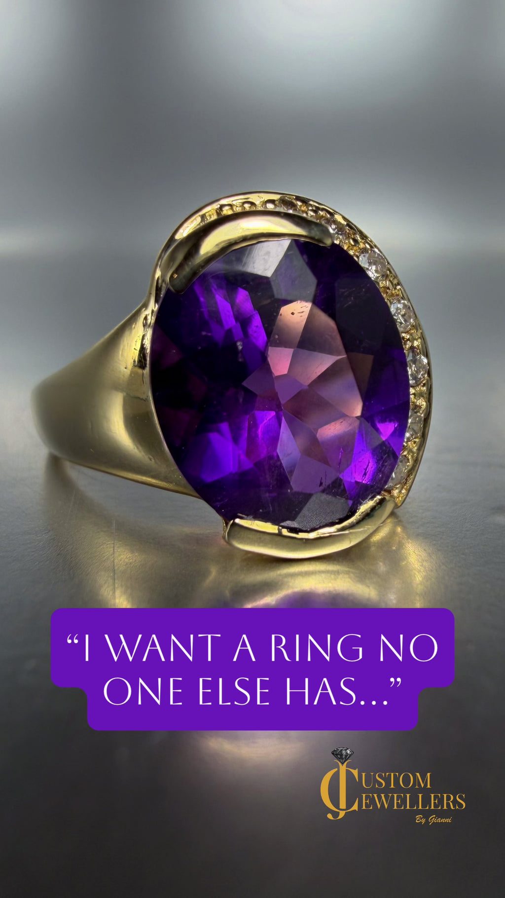 Radiant Natural Amethyst in a Gold Partial-Halo Diamond Crescent Moon